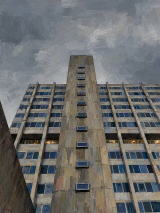 The same tower in thick oil strokes, brown and grey, under a heavy grey storm sky.