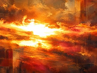 The same sunset as a painting: broad strokes of amber, red and gold, the sun a white blaze in the middle.