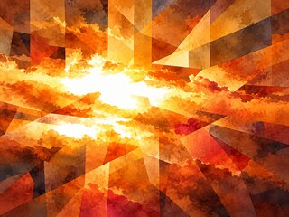 The same sunset broken into overlapping angular shards, like stained glass in amber and red.