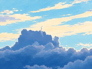 The same cloud painted in flat gouache, blue and lilac against a bright blue sky streaked with cream.
