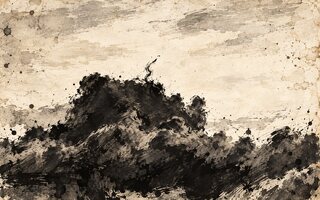 The same cloud in black ink on old stained paper, the billows thrown down in wet strokes and spatter.