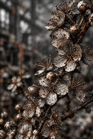 The same branch of blossom as if wrought in metal, every petal and stamen in dull steel and rust.