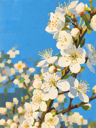 The same branch of blossom painted in flat strokes against a clear blue sky.